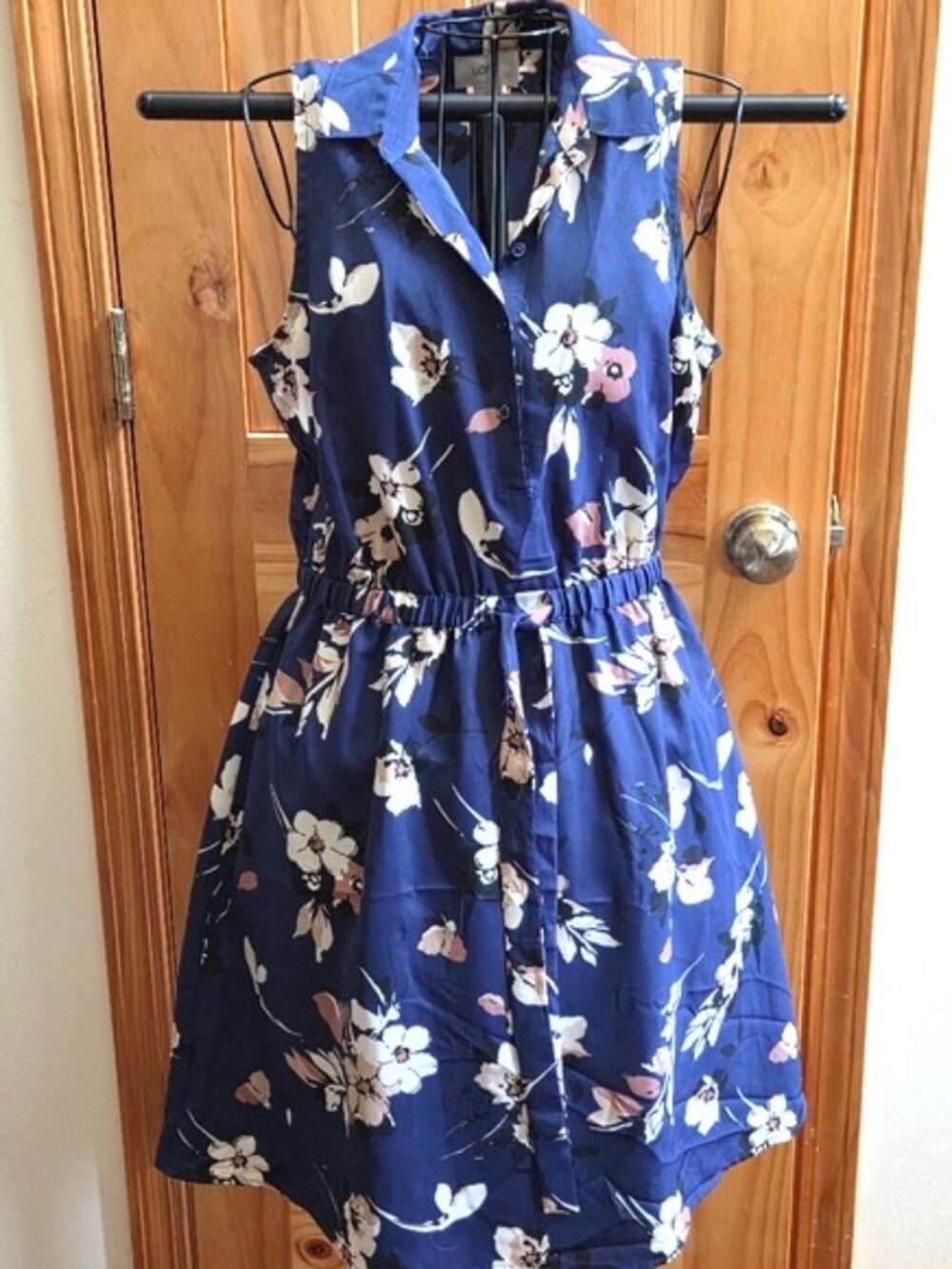 Ann Taylor Loft Dark Blue Floral Dress Sleeveless Elastic Tie Waist Women's Sz 4